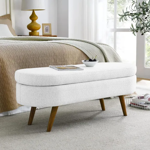 Vista 8 de Otomana de almacenamiento tapizada, banco de entrada con patas de madera de goma para sala de estar, dormitorio, gris