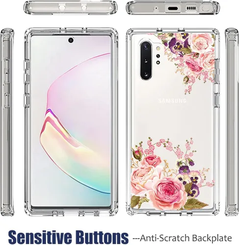Vista 5 de Funda para Galaxy Note 10+ 5G/Note 10 Plus SM-N975U: Híbrido, policarbonato y TPU, diseño floral, flor de rosa, con protector de pantalla de vidrio