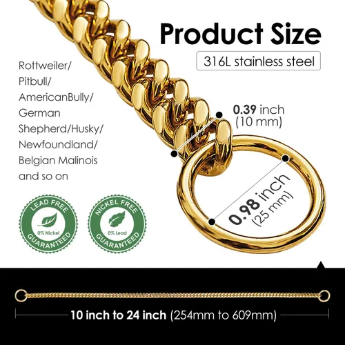 Vista 2 de txprodogchains Collar de Cadena de Oro para Perro de 18K, Cadena de Eslabones Cubanos de 10MM, Cadena de Metal de Acero Inoxidable, Collar