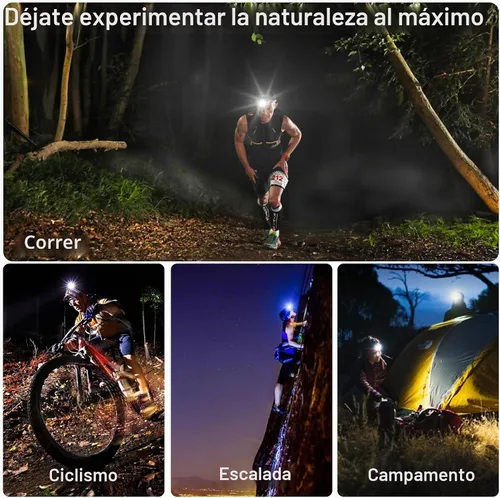 Vista 7 de Linterna frontal recargable LED súper brillante de 2000 lúmenes, lámpara de cabeza con zoom con 5 modos de iluminación, ajustable a 90° e