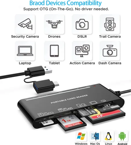 Vista 6 de Lector de tarjetas múltiples USB C USB3.0 para tarjetas SD, CF, Micro SD, XD, MS - Adaptador Hub 7 en 1 para Windows, Mac, Linux, Android