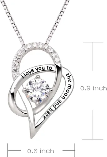 Vista 3 de ALOV Collar con dije de plata fina con forma de corazón con la frase "I love you to the moon and back