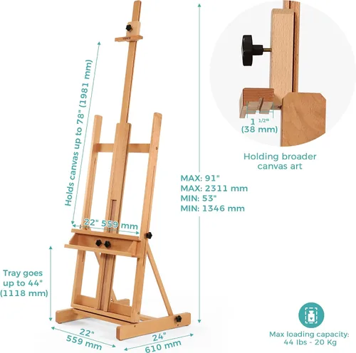 Vista 2 de VISWIN Caballete grande con marco en H para pintar de 53 a 91 pulgadas de alto, soporte ajustable de madera de haya maciza resistente con bandeja