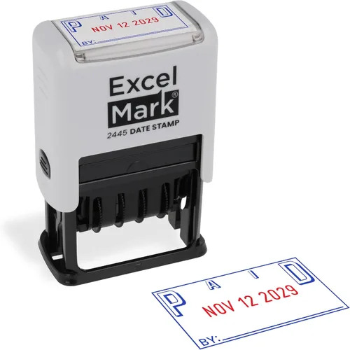 Vista 17 de ExcelMark 2445 Sello de fecha con texto – tinta azul y roja (montaje gris, aprobado)