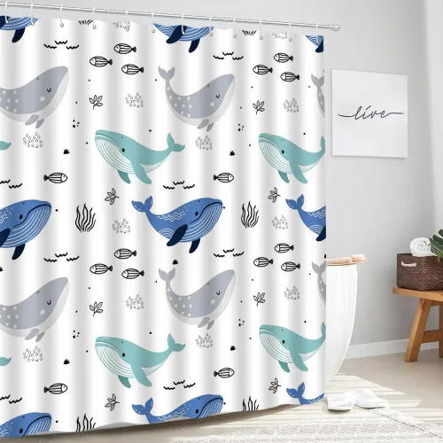 Vista 3 de Cortina de ducha de ballena de dibujos animados, lindo animal oceánico, azul y gris, diseño abstracto de peces náuticos, divertido para niños