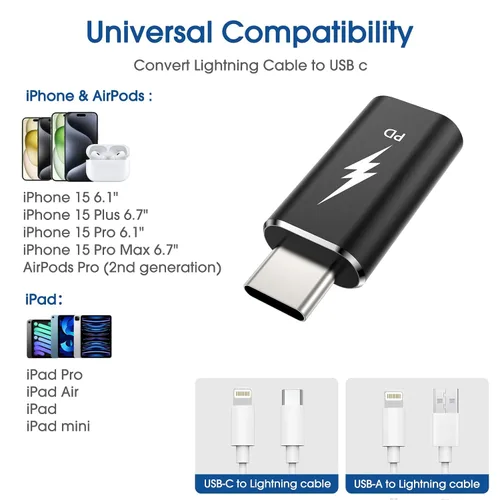 Vista 3 de TechMatte Paquete de 2 adaptadores Lightning a USB-C, carga rápida PD compatible con iPhone 16, iPhone 15 Series y más dispositivos tipo C