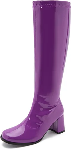 Vista 14 de LIURUIJIA Botas Gogo de mujer, hasta la rodilla, tacón ancho, punta cuadrada, estilo años 60 y 70, botas de disfraz de discoteca Blanco
