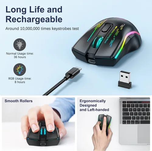 Vista 3 de TECURS Mouse para juegos, mouse inalámbrico para juegos con 9 botones, 5 niveles de DPI ajustables, recargable ergonómico Plug & Play RGB óptico