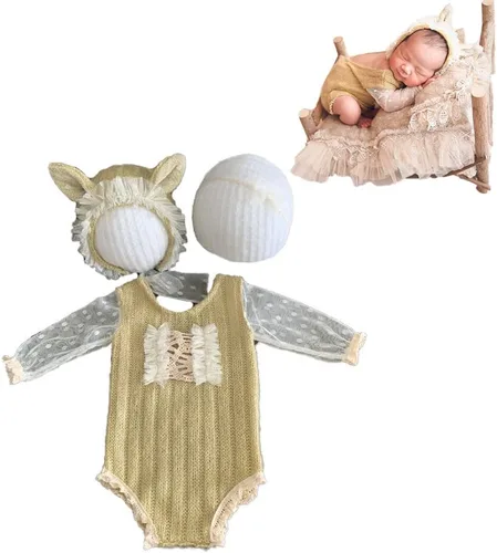 Vista 2 de CUTEBBPHOTO Newborn Baby Girl Photography Props Newborn Photoshoot Romper Outfits Bodysuit & Hat & Floral Headband