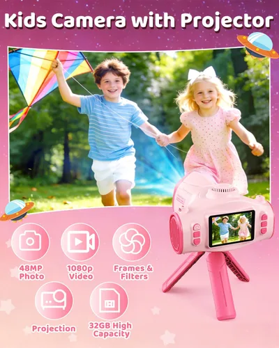 Vista 2 de Cámara para niños con proyector, cámara digital HD 1080P para niños de 3 a 12 años, grabadora de video fotográfico de 48 MP con soporte, tarjeta SD