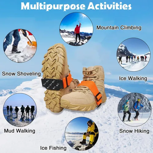 Vista 8 de Tacos de hielo de tracción de nieve para botas y zapatos, suela media, crampones antideslizantes con correas ajustables, 7 tacos de tungsteno