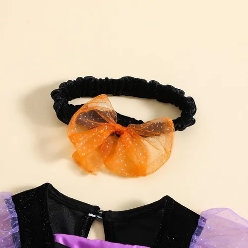 Vista 4 de Disfraz de bruja de Halloween para niña pequeña, vestido de tul con manga abombada, vestido de tul con falda tutú de encaje, traje de fiesta