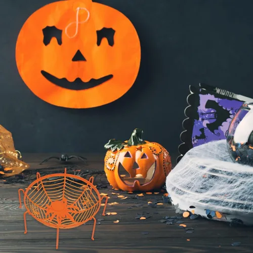 Vista 3 de Cuencos de cesta de tela de araña de Halloween, soporte de plástico para dulces para truco o trato, decoraciones de agarre a mano para suministros F