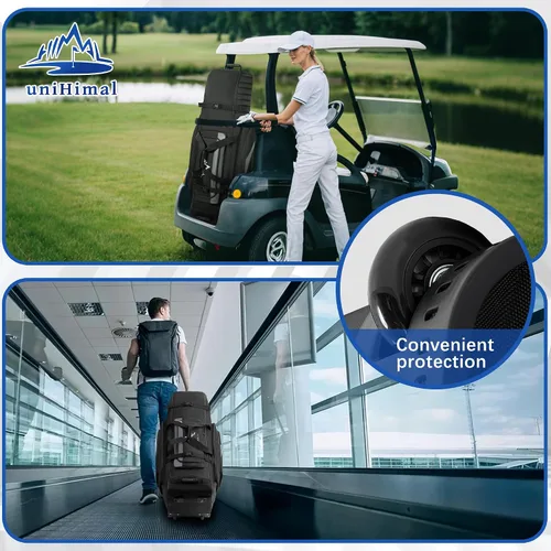 Vista 7 de UNIHIMAL Funda para bolsa de viaje de golf con ruedas, material 1680D con cabeza acolchada y detalles de cuero, bolsas de golf plegables