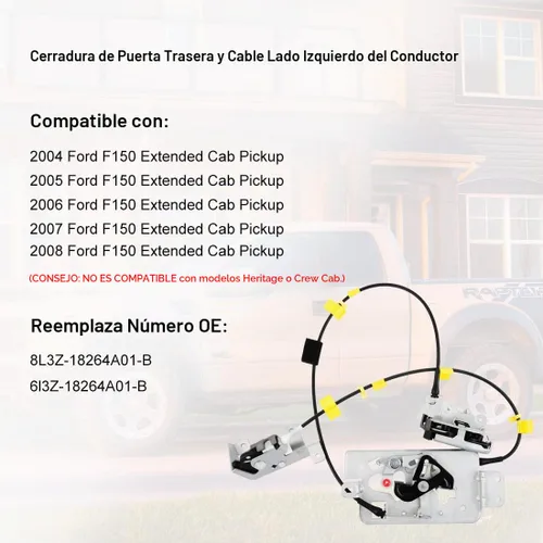 Vista 6 de Conjunto de cable actuador de pestillo de cierre de puerta trasera superior e inferior del lado del conductor para Ford F150 2004-2008, cabina