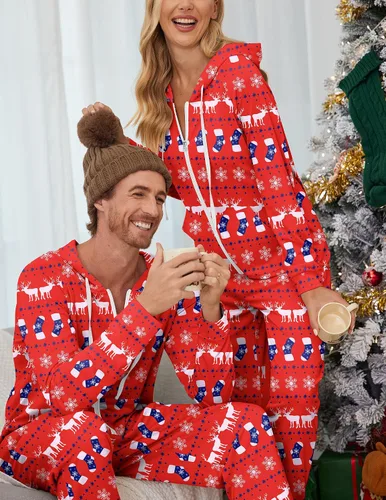 Vista 4 de Ekouaer Pijamas a juego para parejas con cremallera y capucha para adultos con bolsillos S-XXL