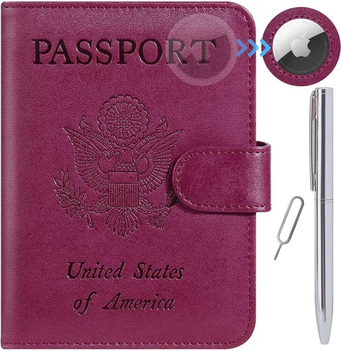 Vista 12 de Funda para pasaporte, cartera con bloqueo RFID, funda de piel para tarjetas, accesorios de viaje para mujeres y hombres, negro