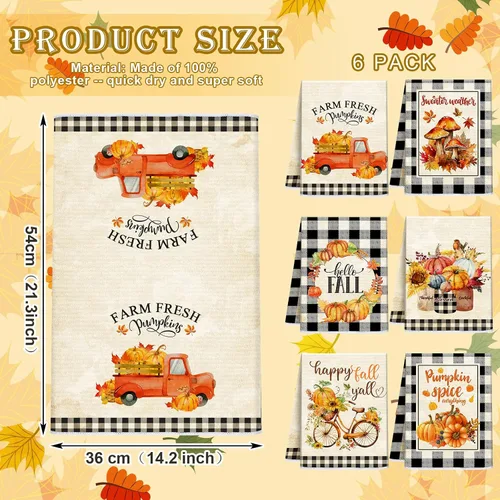 Vista 2 de Ganeen Juego de 6 toallas de mano de Acción de Gracias con texto en inglés «Hello Fall» en blanco y negro, vintage, calabaza, camión, motero