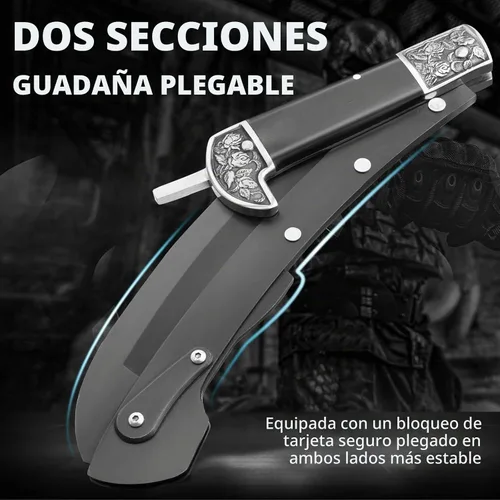 Vista 4 de VALHALLA Hoz plegable, guadaña plegable negra afilada con 2 secciones, cuchillo de hoz de mano con mango de madera, cuchillo de hoz de seguridad