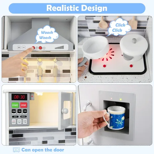 Vista 4 de INFANS Juego de cocina para niños, juego de cocina de madera con luz y sonido realistas, estufa, fregadero, microondas, armario de almacenamiento