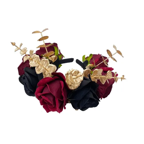 Vista 5 de Ansuma Diadema con corona de flores de rosa burdeos, corona de pelo floral para bodas, fiestas, festivales, cosplay, fotografía, día de los muertos