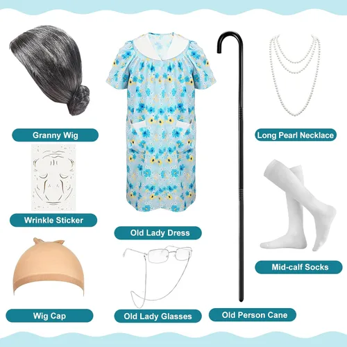Vista 2 de Old Lady Costume for Kids - 100 Days of School Costume for Girls,Grandma Nightgown Granny Wig,Old Woman Costume Set