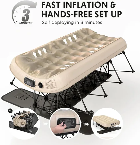 Vista 2 de Simpli Comfy EZ Bed - Colchón de aire autoinflable individual con marco integrado, bomba y funda con ruedas, cama de aire inflable perfecta