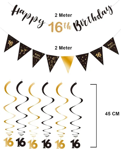 Vista 3 de Kit de decoración de cumpleaños número 16, pancarta de feliz cumpleaños 16, serpentinas de remolinos, pancarta de bandera triangular