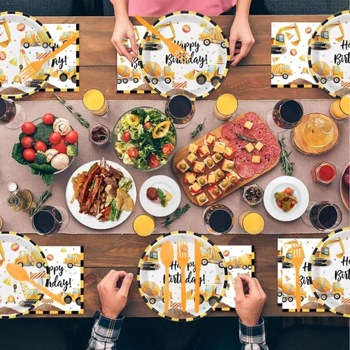 Vista 7 de Suministros de fiesta de cumpleaños de construcción, decoraciones temáticas de construcción, incluye platos, vasos, servilletas, cubiertos, perfecto