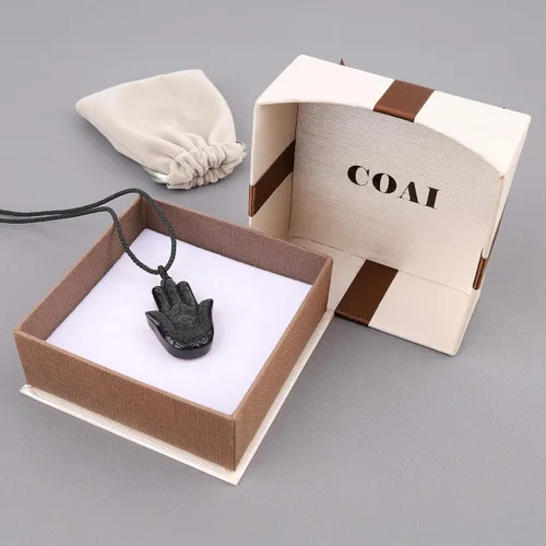 Vista 7 de COAI Hamsa - Collar de obsidiana negra para hombre y mujer