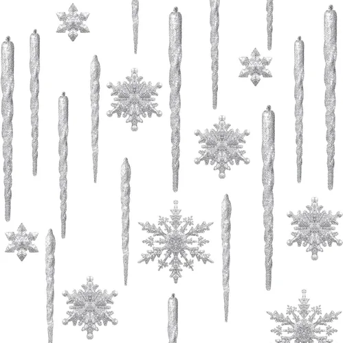 Vista 11 de Chuangdi 72 adornos de carámbano de copo de nieve para árbol de Navidad, carámbanos con purpurina retorcida, decoración de gota de acrílico