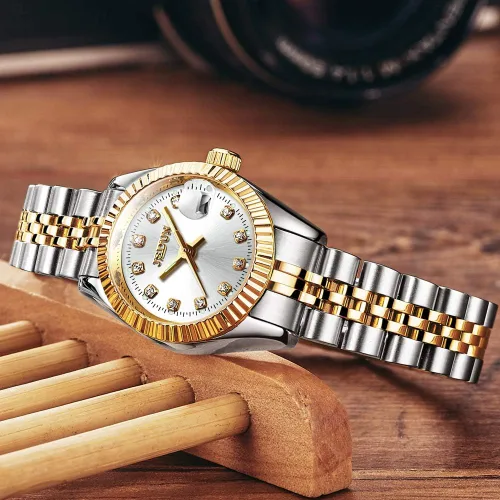 Vista 3 de OLEVS Relojes automáticos para mujer, oro y plata, acero inoxidable, impermeables, con fecha, estilo clásico