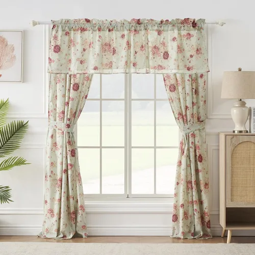 Vista 2 de Greenland Home Antique Rose - Tratamiento de ventana 100% algodón, par de paneles + cenefa, color azul