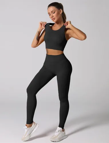 Vista 4 de Conjuntos de entrenamiento para mujer, 2 piezas, sin costuras, acanalada, sin mangas, brasier deportivo, cintura alta, pantalones cortos