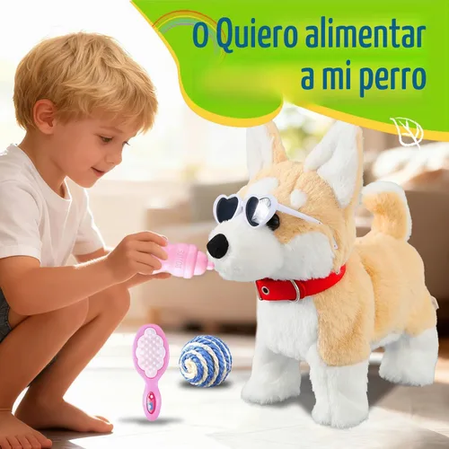 Vista 5 de HCdoujoy Perro Corgi juguete que camina y ladra, cachorro interactivo musical que canta y baila con control de volumen, camina con correa, menea