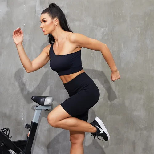 Vista 6 de Plubedo Conjuntos de entrenamiento para mujer, 2 piezas, acanalados, sin costuras, con un hombro, de cintura alta, para yoga, conjunto deportivo