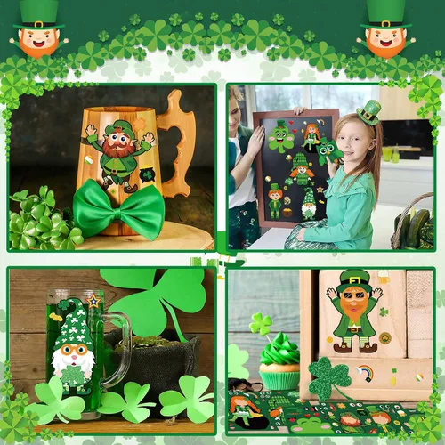 Vista 6 de NOVWANG Calcomanías del día de San Patricio para niños, 48 calcomanías de trébol y cara, manualidades para recuerdos de fiesta irlandeses