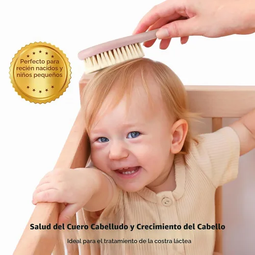 Vista 3 de Yoofoss Juego de 4 cepillos y peine para el pelo del bebé, cepillo de madera para el pelo del bebé con pelo de cabra ultra suave natural, juego