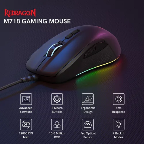 Vista 2 de Redragon Ratón para juegos con cable, ratones negros para juegos de PC con retroiluminación RGB, 7 botones macro programables, máximo 12800 DPI