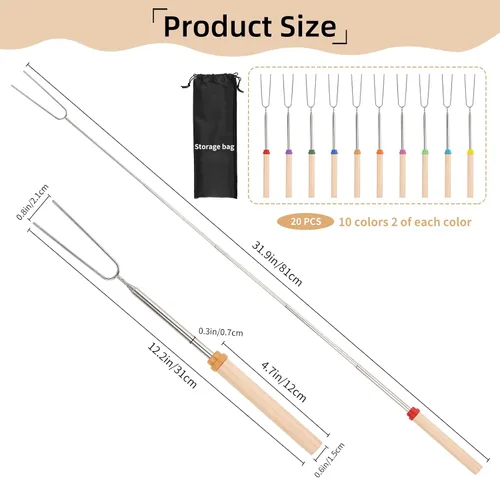 Vista 2 de 20 palitos largos de acero inoxidable para asar malvaviscos, palos de 31 pulgadas para hoguera, herramientas portátiles extensibles para perros