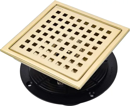 Vista 7 de Drenaje de ducha de 6 pulgadas en oro cepillado, kit de drenaje cuadrado para piso de ducha de acero inoxidable con rejilla de inserción de azulejos