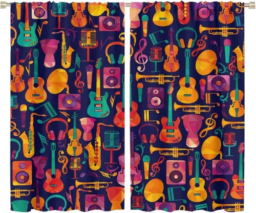 Vista 33 de Cortinas abstractas con notas musicales de piano, temática musical de piano, decoración de dormitorio de niños y niñas, arte rústico retro