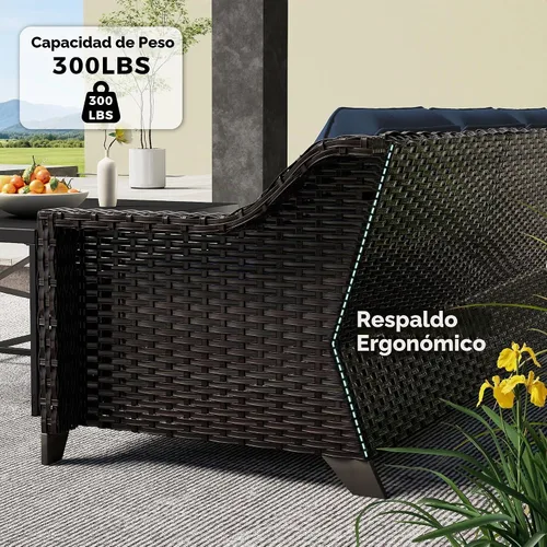 Vista 3 de Sofá de lujo para patio al aire libre de 3 plazas con mimbre de PE tejido a mano Azul