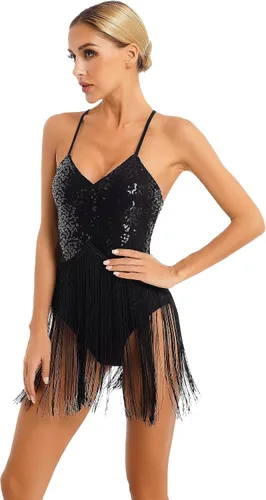 Vista 2 de Xnihocha Body de mujer con tirantes delgados y lentejuelas brillantes y flecos, para bailarín latino de jazz, ballet, bailarina latina