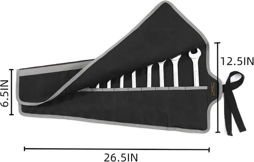 Vista 2 de Bolsa de herramientas, juego de llaves de lona encerada duradera, bolsas enrollables multiusos con correa (26.5 x 12.5 pulgadas, negro)