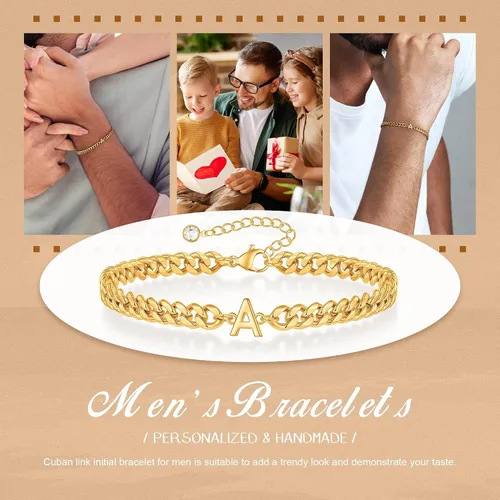 Vista 3 de Pulsera con inicial para hombre, cadena de eslabones cubanos de oro y plata, ajustable, joyería para hombre, regalos únicos para hombres, marido