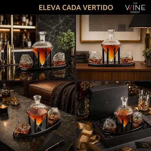 Vista 9 de The Wine Savant - Decantador de whisky en forma de diamante, con 2 copas en forma de diamante, para licor, escocés, ron, bourbon, vodka, tequila