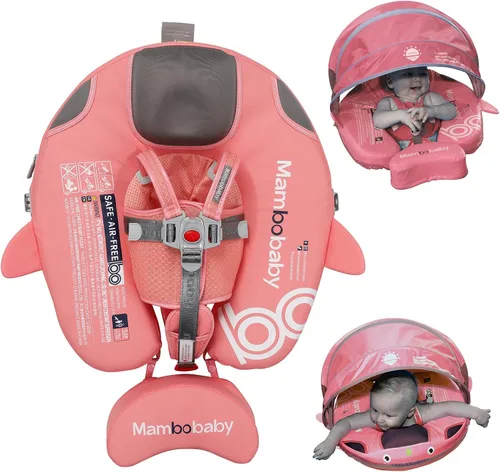 Vista 15 de Mambobaby Flotador para bebé con toldo y cola, flotador no inflable para piscina, correa de seguridad ajustable, entrenador de natación para niños