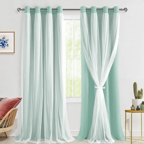 Vista 77 de Hiasan Cortinas opacas con superposición transparente, aislamiento térmico para mezclar y combinar de doble capa, cortinas de oscurecimiento de Beige