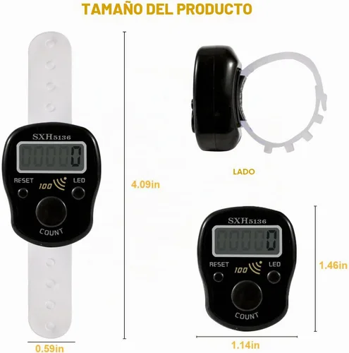 Vista 3 de Contador de dedo manual, clicker digital, paquete de 5 unidades, contador de puntadas para tejer, led, dígitos ajustables, pantalla LCD electrónica